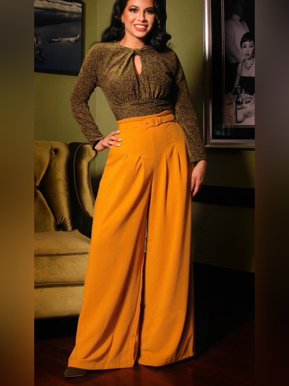 Pinup Couture Laura Byrnes Palazzo Wide Leg Dietrich Pants Mustard Size S NWT